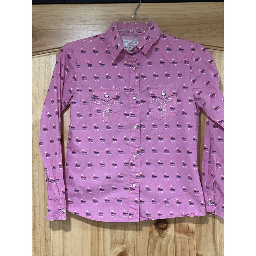 Panhandle Girls Long Sleeve Button Down Shirt Western Embroidery Llamas Size L
